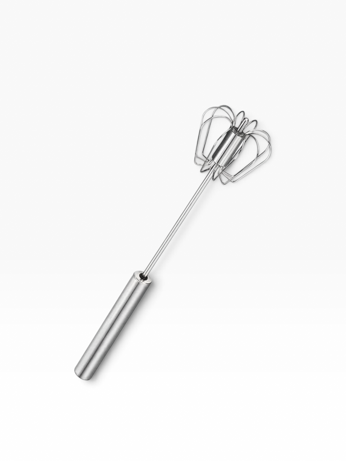Batidor de cocina manual El Rocío de acero inoxidable con mecanismo giratorio para mezclar ingredientes fácilmente.