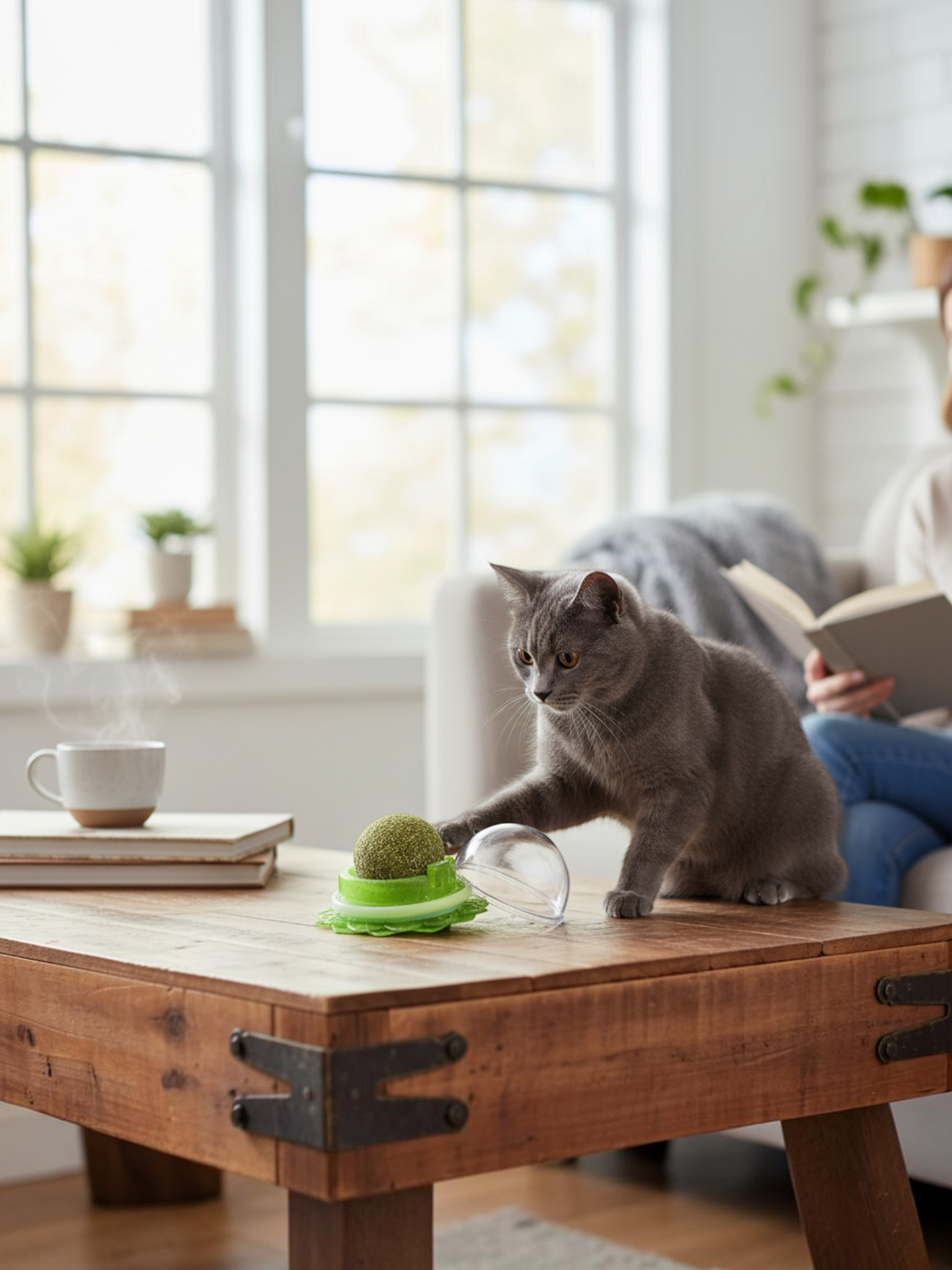 Gato gris jugando con una bola de catnip natural de El Rocío sobre una mesa de madera en un salón acogedor