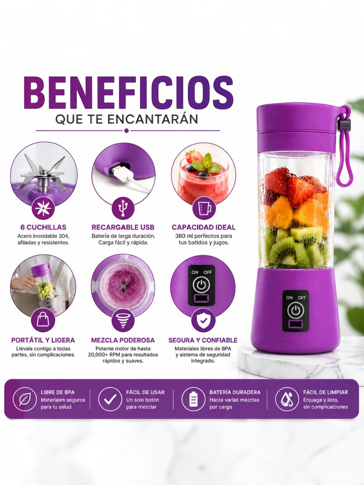 Mini batidora portátil El Rocío morada de 380 ml con cuchillas de acero, carga USB y diseño libre de BPA.