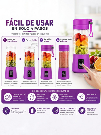 Mini batidora portátil El Rocío de 380 ml en color morado con instrucciones de uso para preparar batidos y smoothies.