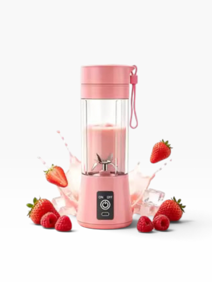 Mini batidora portátil El Rocío rosa de 380 ml con cuchillas de acero, ideal para smoothies y batidos de frutas frescos.