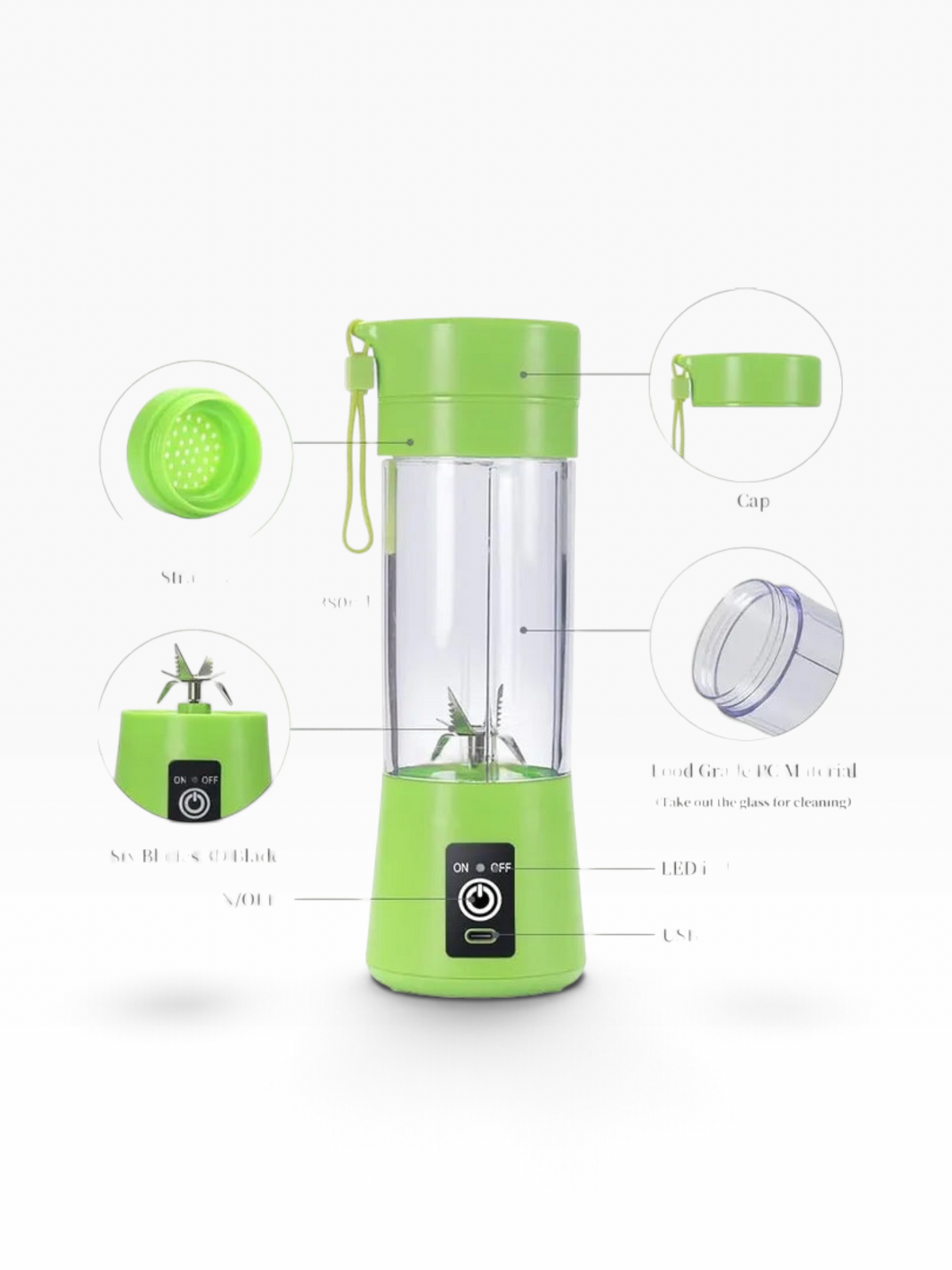Mini batidora portátil El Rocío verde de 380 ml con cuchillas de acero, vaso de plástico resistente y carga USB.