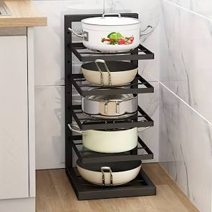 Organizador de ollas y sartenes El Rocío de 5 niveles en color negro, ideal para optimizar el espacio en la cocina.