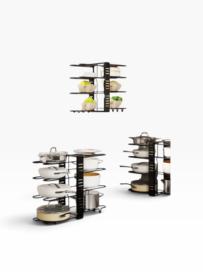 Organizador de ollas y sartenes El Rocío de 5 niveles en metal negro, diseño vertical desmontable para cocina.