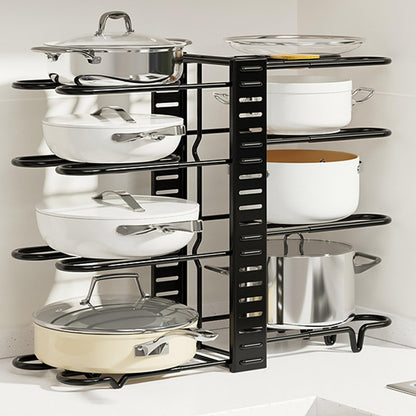 Organizador de ollas y sartenes El Rocío de 5 niveles en color negro para optimizar el espacio en la cocina.