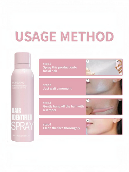Spray identificador de vello facial El Rocío en envase rosa con guía visual de uso para dermaplaning y afeitado