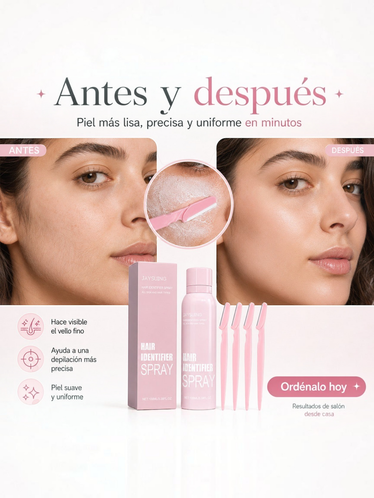 Spray identificador de vello facial El Rocío con cuchillas de dermaplaning para una depilación precisa y piel suave