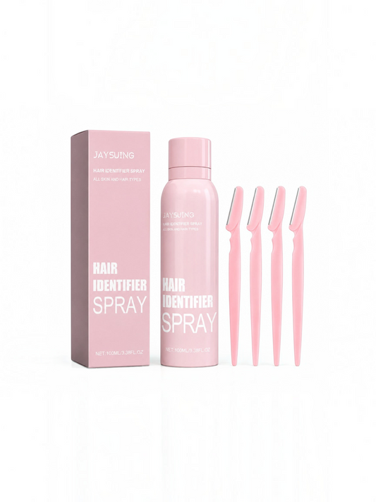Spray identificador de vello facial El Rocío con cuatro perfiladores rosas para dermaplaning y afeitado preciso.