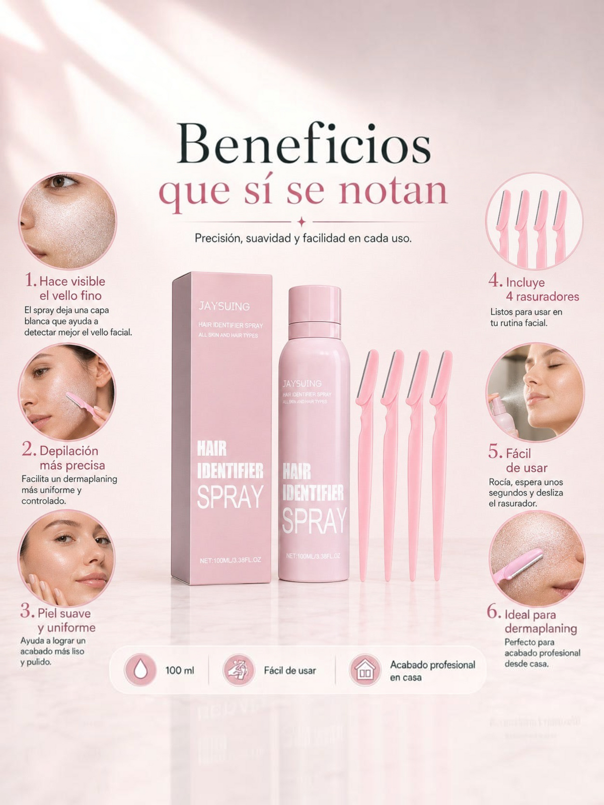 Spray identificador de vello facial El Rocío con cuatro rasuradoras rosas para dermaplaning y rutina de belleza