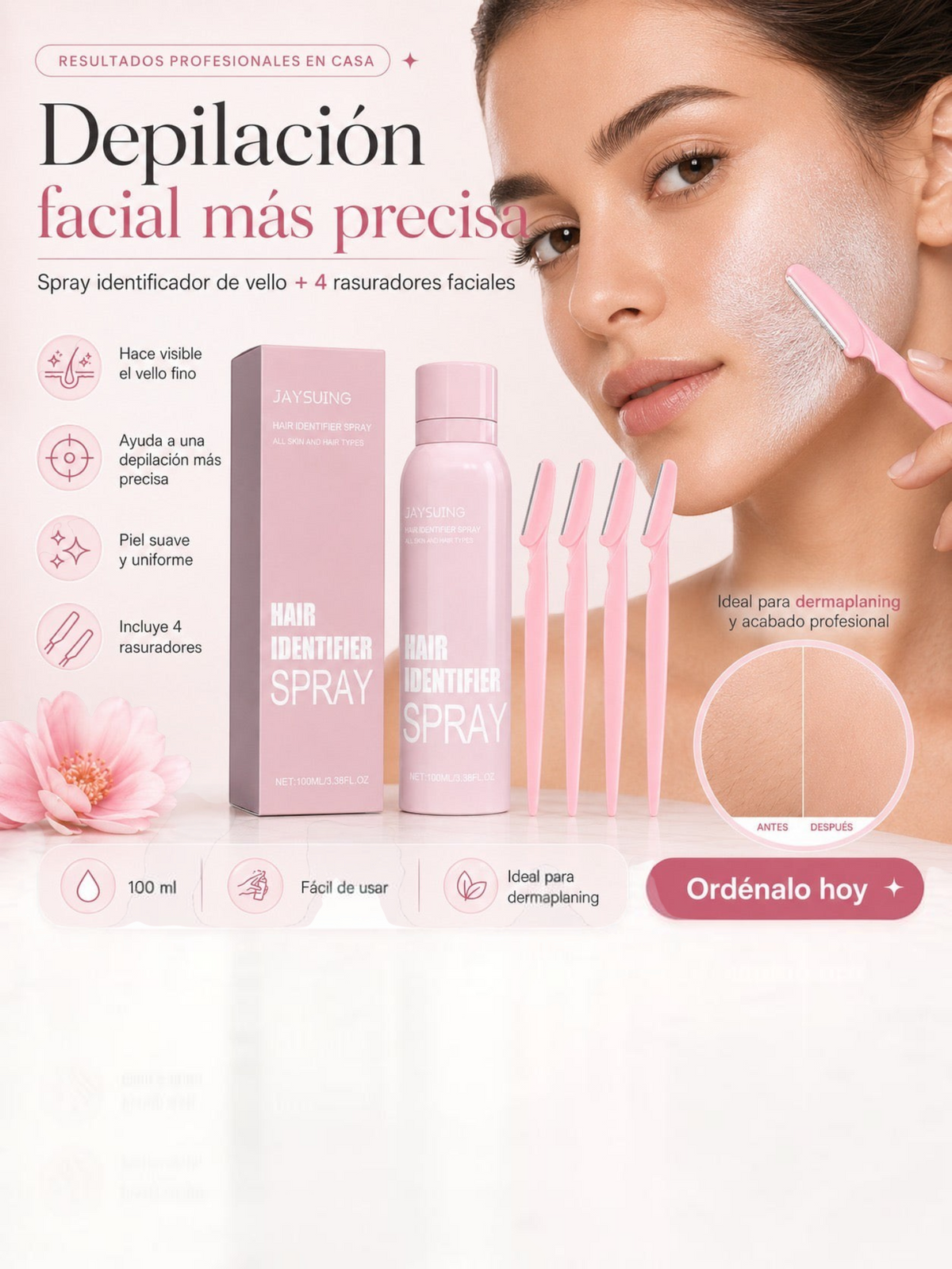 Spray identificador de vello facial El Rocío con rasuradoras para dermaplaning y piel suave