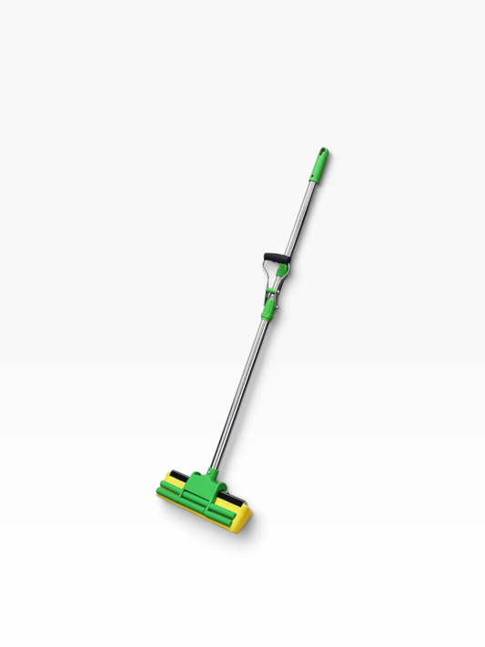 Trapeador de esponja El Rocío con sistema autoexprimible, cabezal amarillo y mango metálico para limpieza de suelos