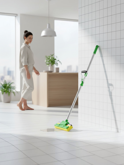 Trapeador de esponja autoexprimible El Rocío con cabezal amarillo y mango metálico en un baño moderno y luminoso.